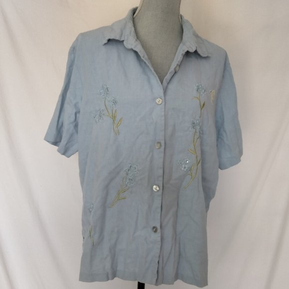 AKC Comfy Linen Soft Blue Short Sleeve Embroidery Top Size 2X. - Picture 1 of 6